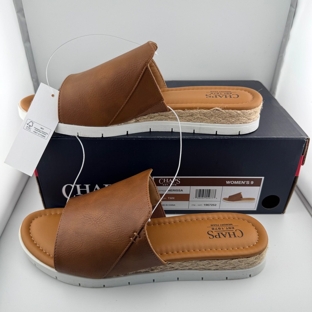 Chaps Nerissa Sandals Women 9 Tan NWT Espadrille Platform Slide Memory Foam